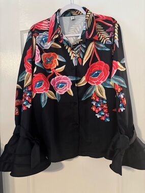 Black Floral Button-Front Blouse with Ruffle Cuffs
